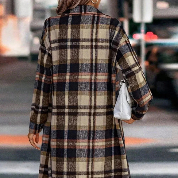 Navy Blue Elegant Women's Plaid Long Sleeve Button Up Shacket - Picture 3 of 4